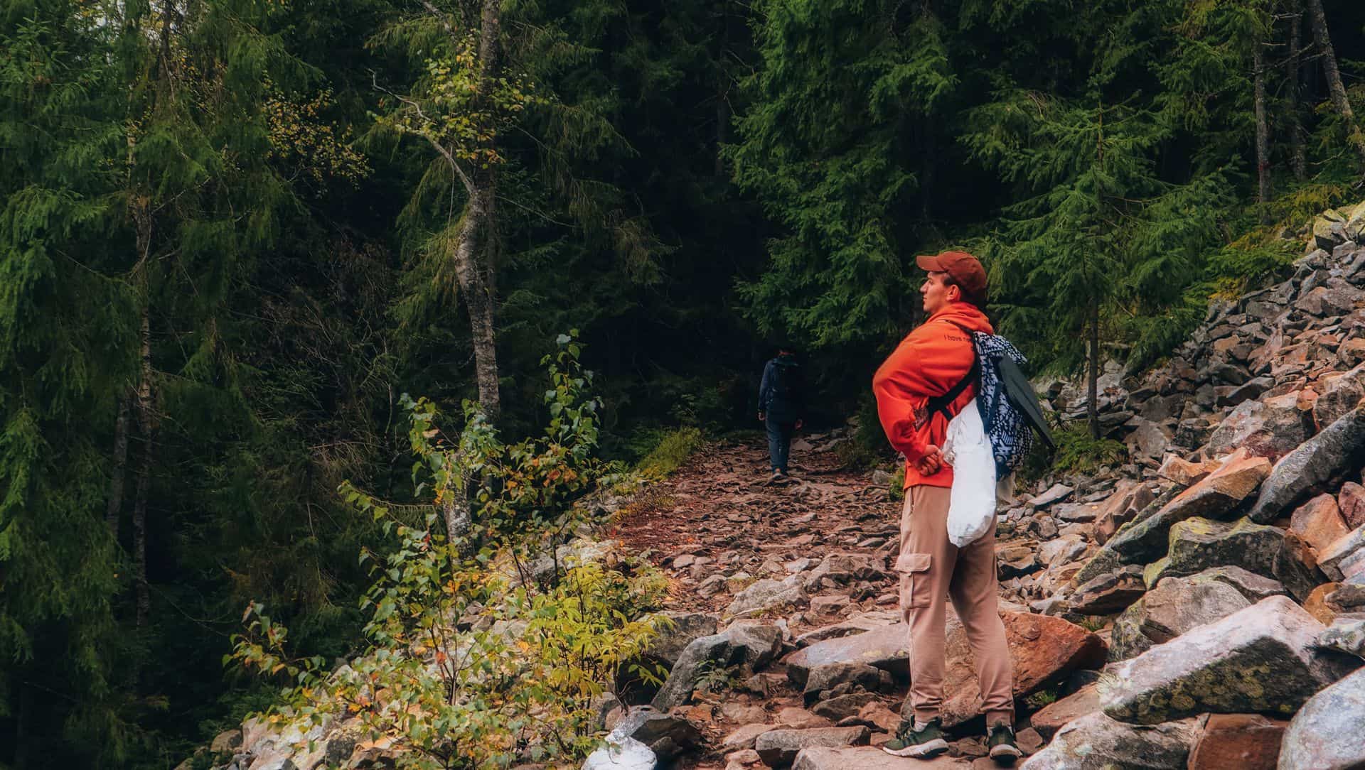 A man looking around him in the woods